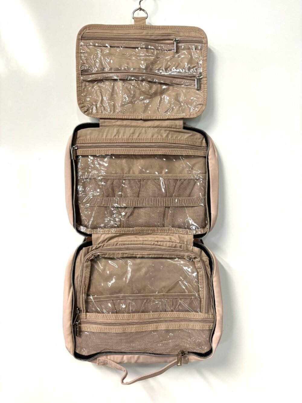 Nishel X-Large Hanging Cosmetic Bag- Beige Quilted Cotton Fabric 13" x 10" x 5"
